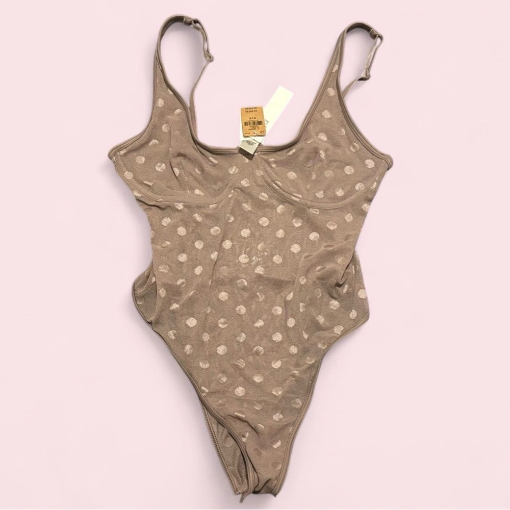 Victoria’s Secret PINK Sheer Polka Dot Mesh Bodysuit Teddy Taupe M NWT
